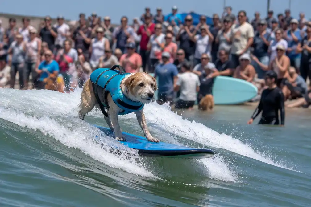 Honden trotseren de oceaan tijdens wereldkampioenschap hondensurfen in Pacifica