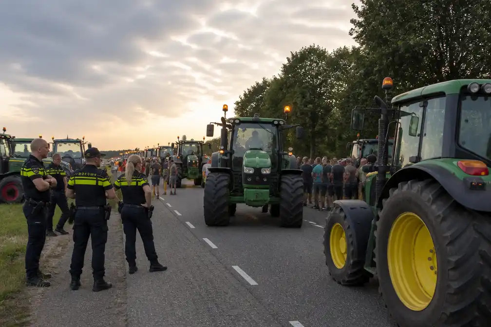 Tientallen boeren met tractoren demonstreren in Beneden-Leeuwen