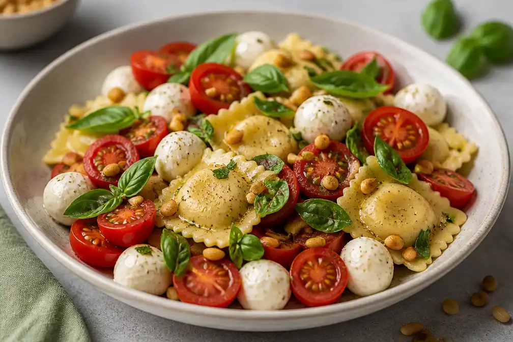 Insalata ravioli caprese: lichte pastasalade met tomaat, mozzarella en basilicum