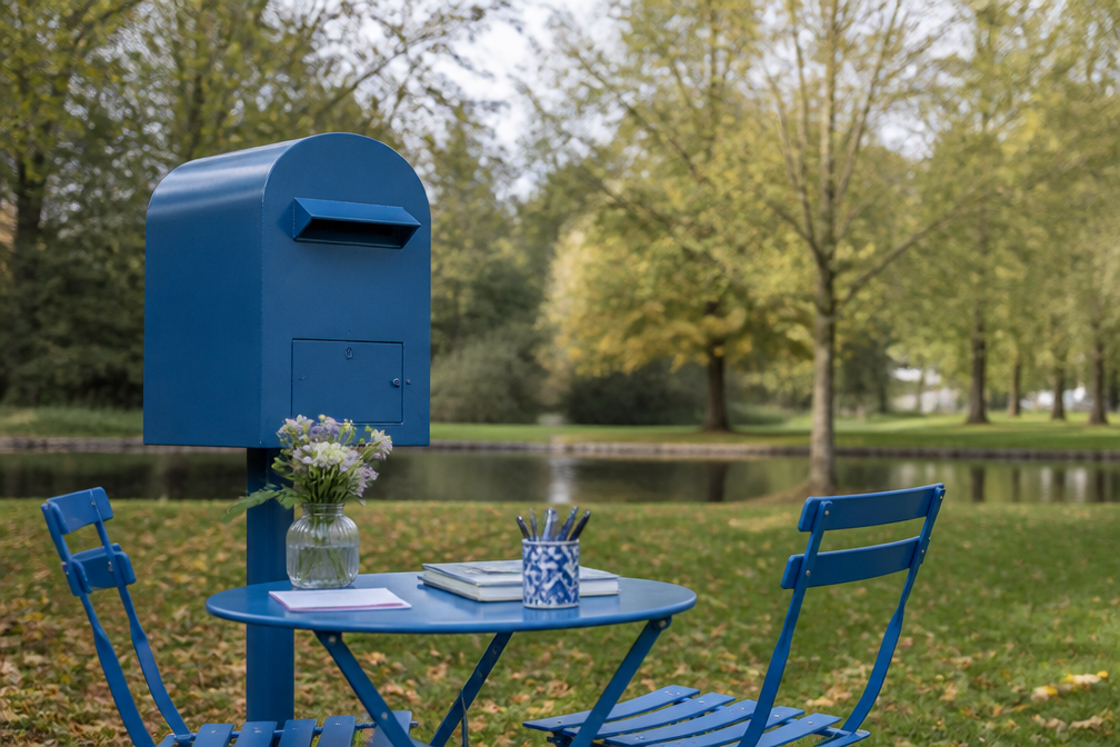 Dichter Kimm Mulder plaatst blauwe Hemelpostbrievenbus voor gemis