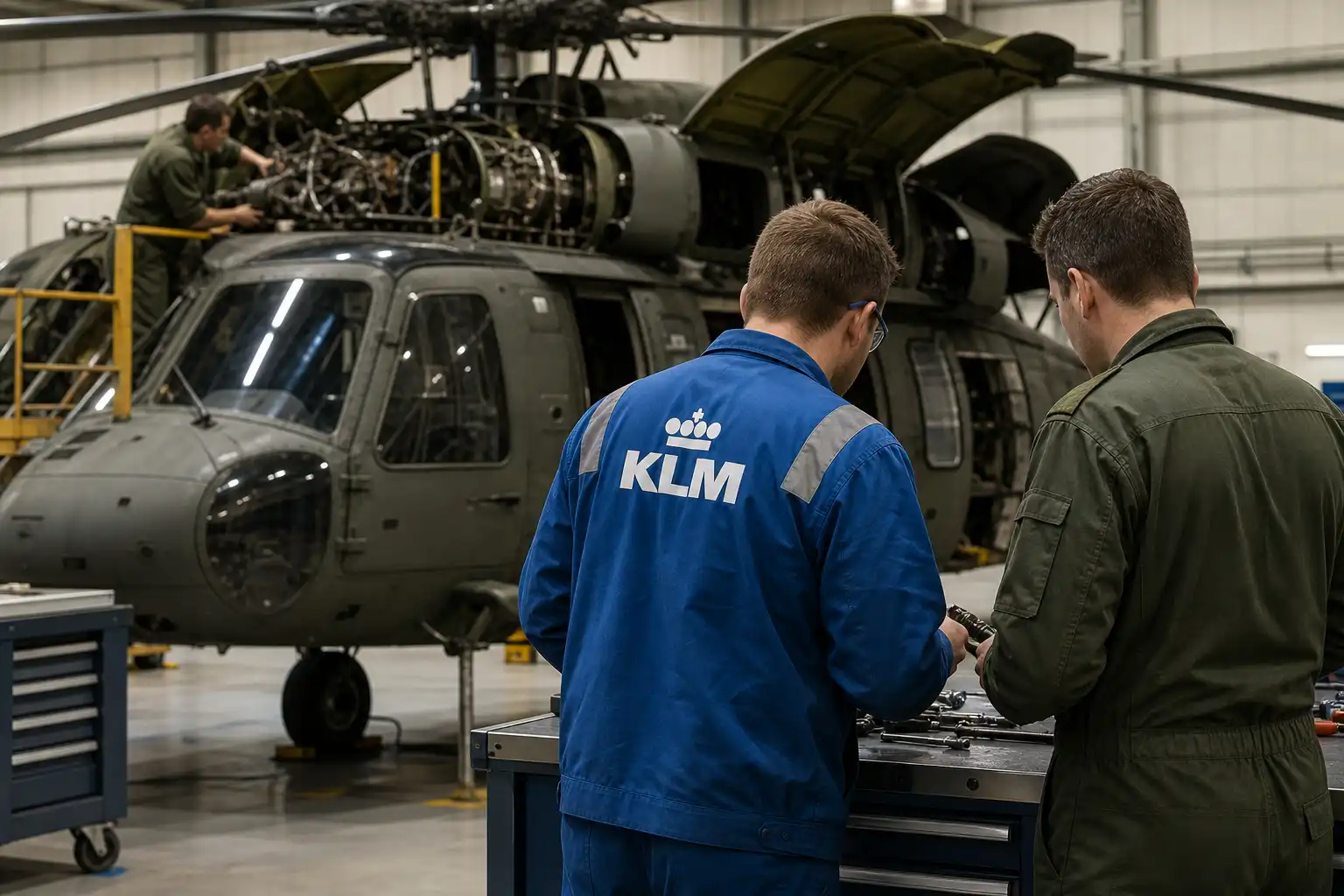 KLM-monteurs volgen training bij Defensie voor helikopteronderhoud
