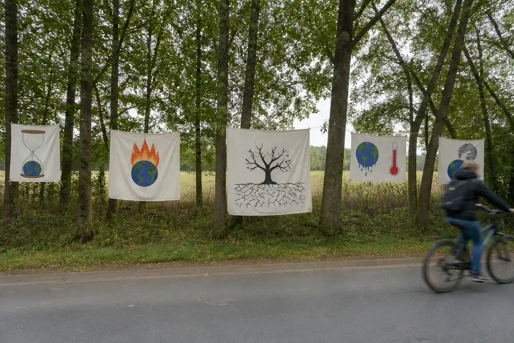 JNM hangt klimaatspandoeken op bij natuurgebied De Zegge in Geel