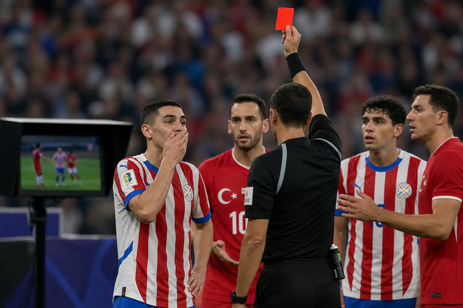 Almiron (Paraguay) krijgt historische rode kaart voor praten met hand voor mond