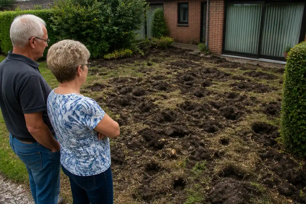 Everzwijnen woelen tuin in Mol-Gompel twee nachten om tot 'maanlandschap'