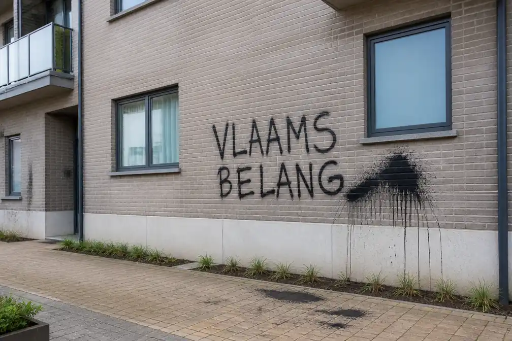 Gevel appartementsblok in Lievegem beklad met 'Vlaams Belang'