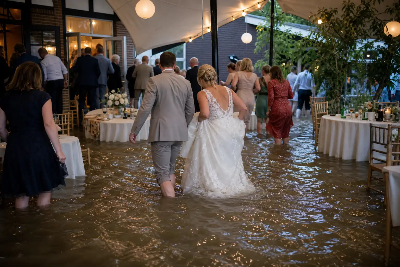 Bruiloft in Twente overstroomt: gasten tot knieën in water