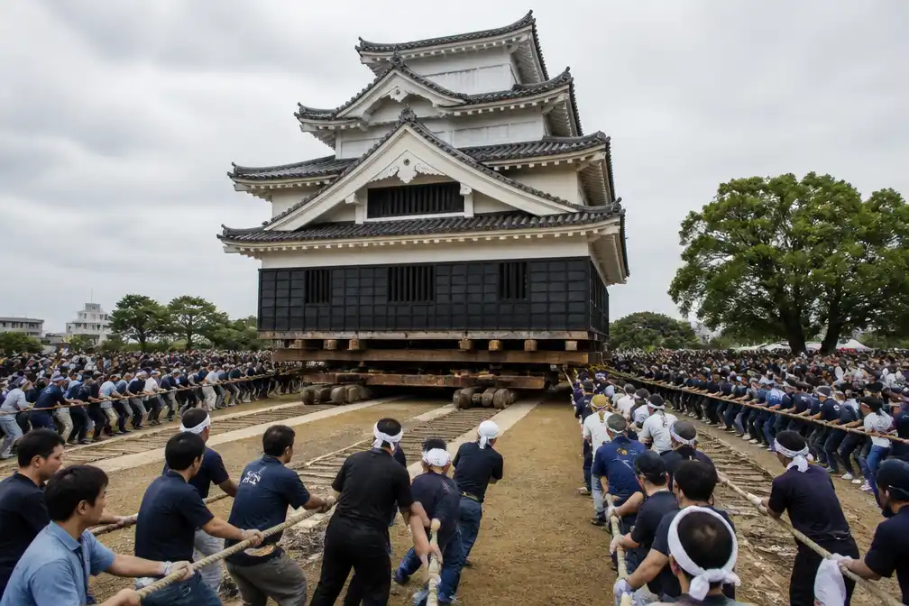 1.800 Japanners trekken 360 ton zware kasteeltoren terug naar originele plek