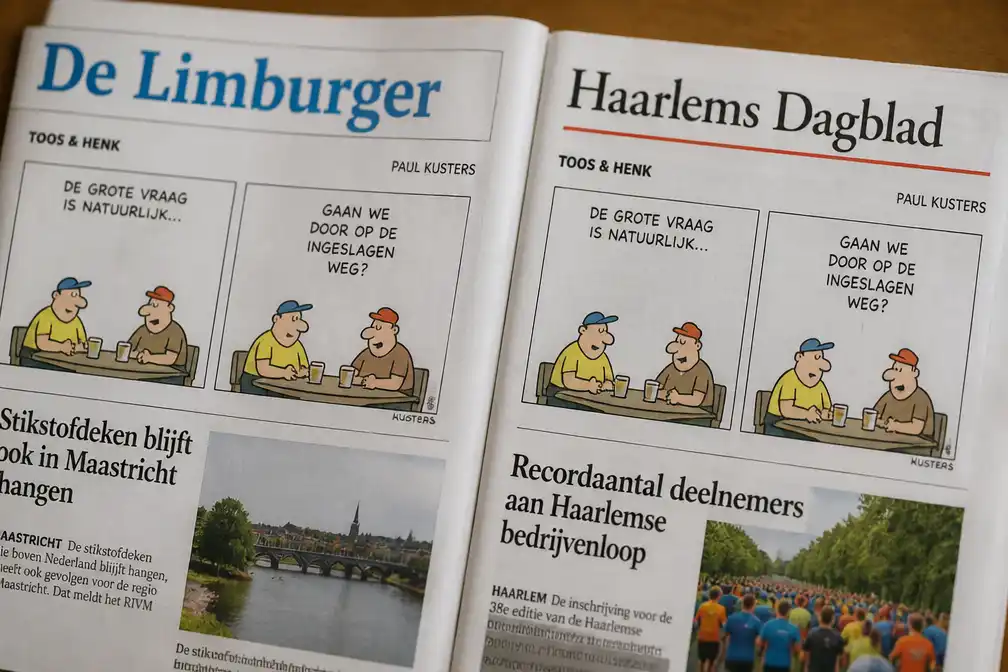 Cartoon Toos & Henk van Paul Kusters verschijnt op 26 augustus 2026 in Nederlandse kranten
