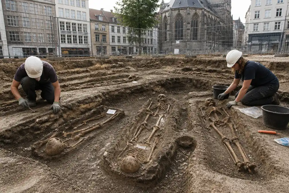 Middeleeuws kerkhof met tot 240 skeletten ontdekt onder Vlasmarkt in Gent