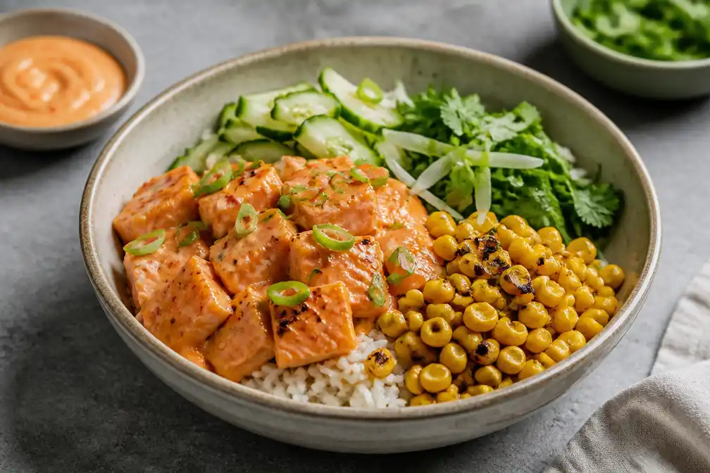 Rijstbowl met sriracha-mayo zalm en gebakken mais op 4 september in de krant