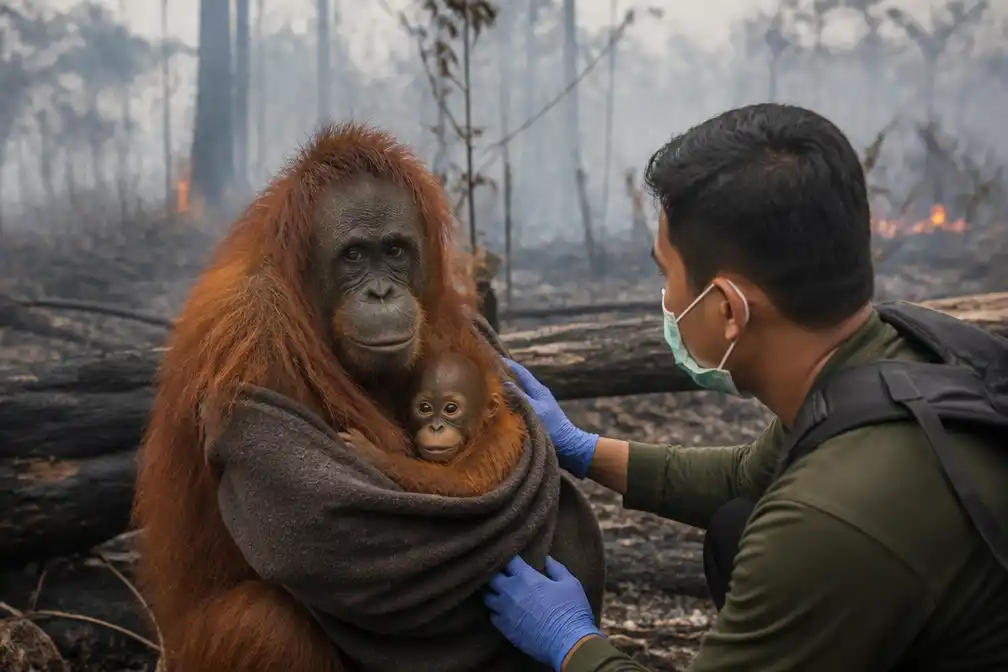 Orang-oetan en jong gered uit bosbranden in West-Kalimantan