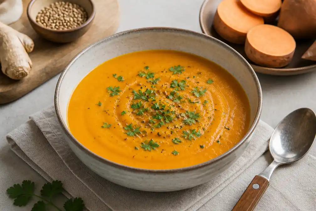 Zoete aardappelsoep met kurkuma en gember: slanke vegetarische soep voor elke week
