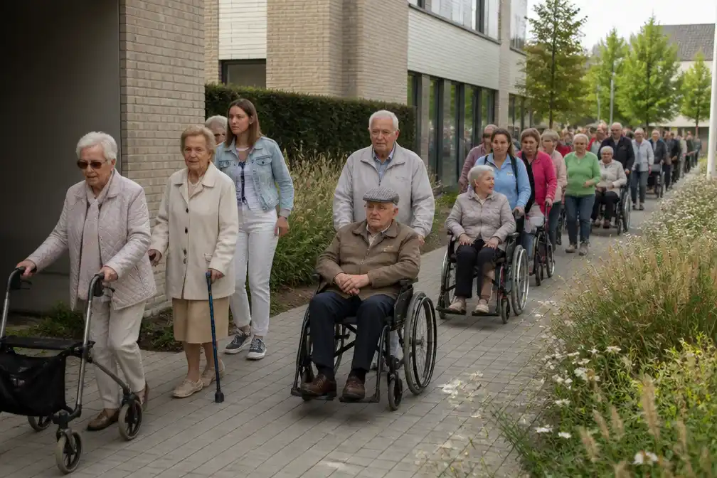 Stoet van rolstoelen en rollators naar spiegeltent voor seniorennamiddag in Sint-Genesius-Rode