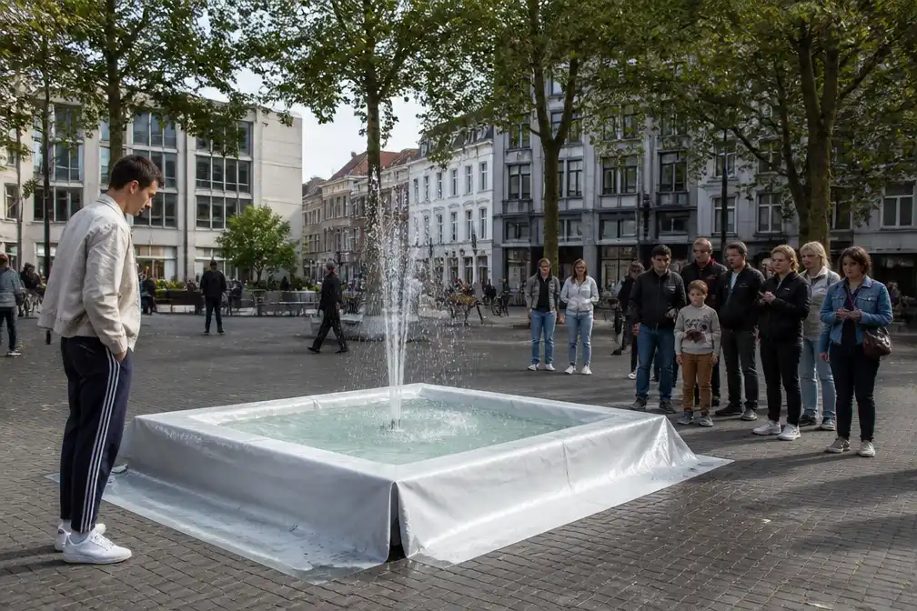 Tijdelijke fontein staat één dag op Edmond Van Beverenplein in Gent