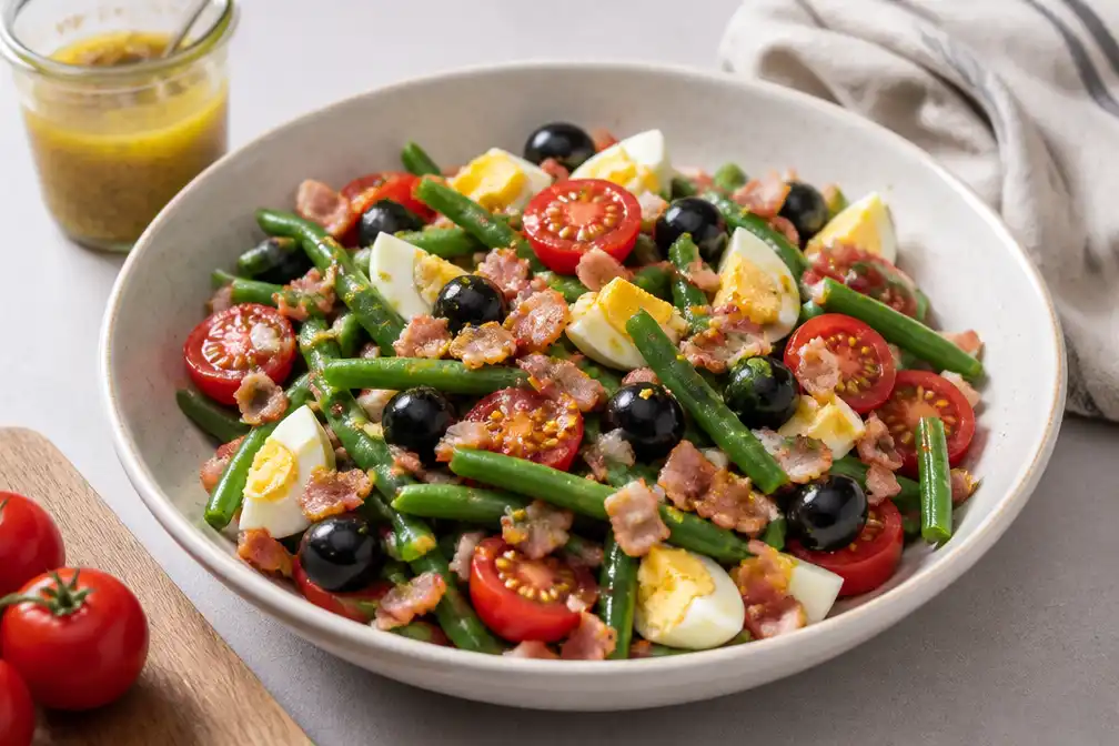 Recept: ketoproof sperziebonensalade met tomaat, olijven, spekjes en ei in 20 minuten
