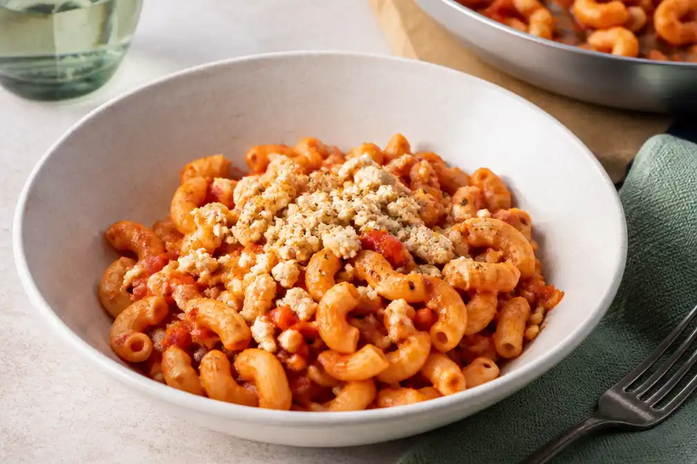 Macaroni in tomaten-paprikasaus met tofu in dagelijks recept