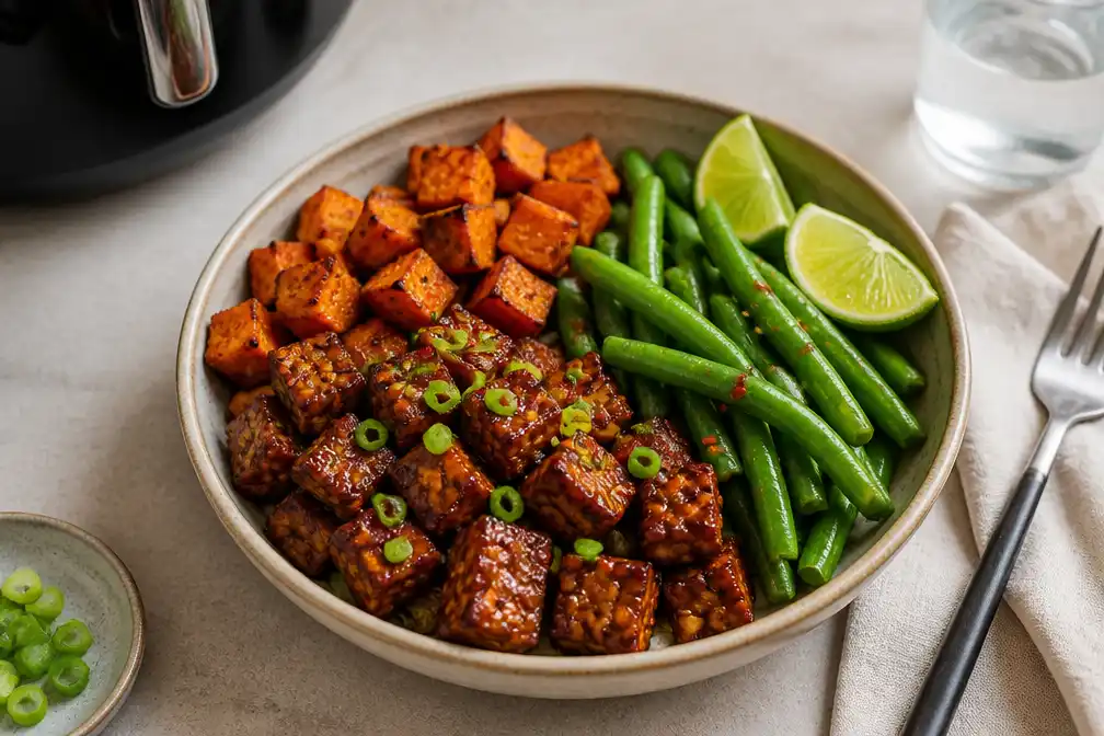 Tempehbowl met ketjap-sambalsaus, zoete aardappel uit de airfryer en boontjes