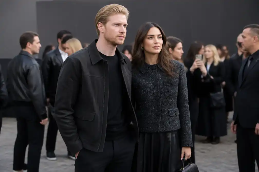 Kevin De Bruyne en echtgenote Michèle Lacroix bij Louis Vuitton-show in Parijs