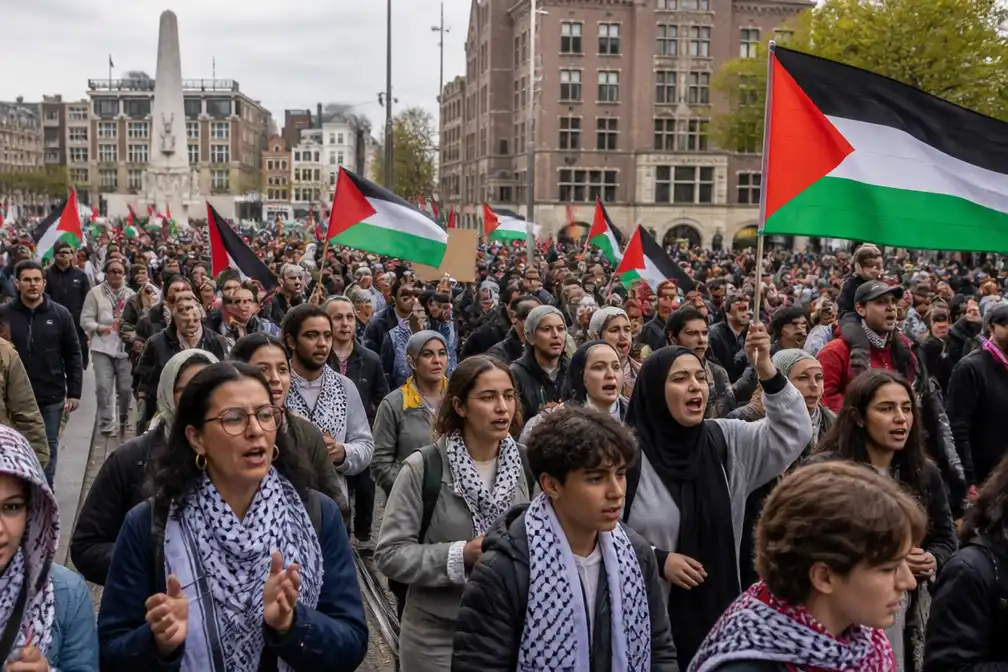 Ongeveer duizend pro-Palestijnse demonstranten marcheren door Amsterdam