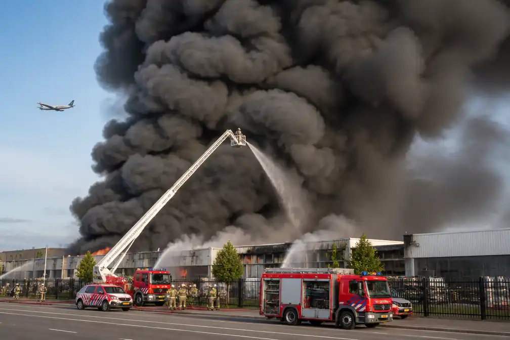 Zeer grote brand in meubelloods in Aalsmeer, rook tot boven Amsterdam zichtbaar