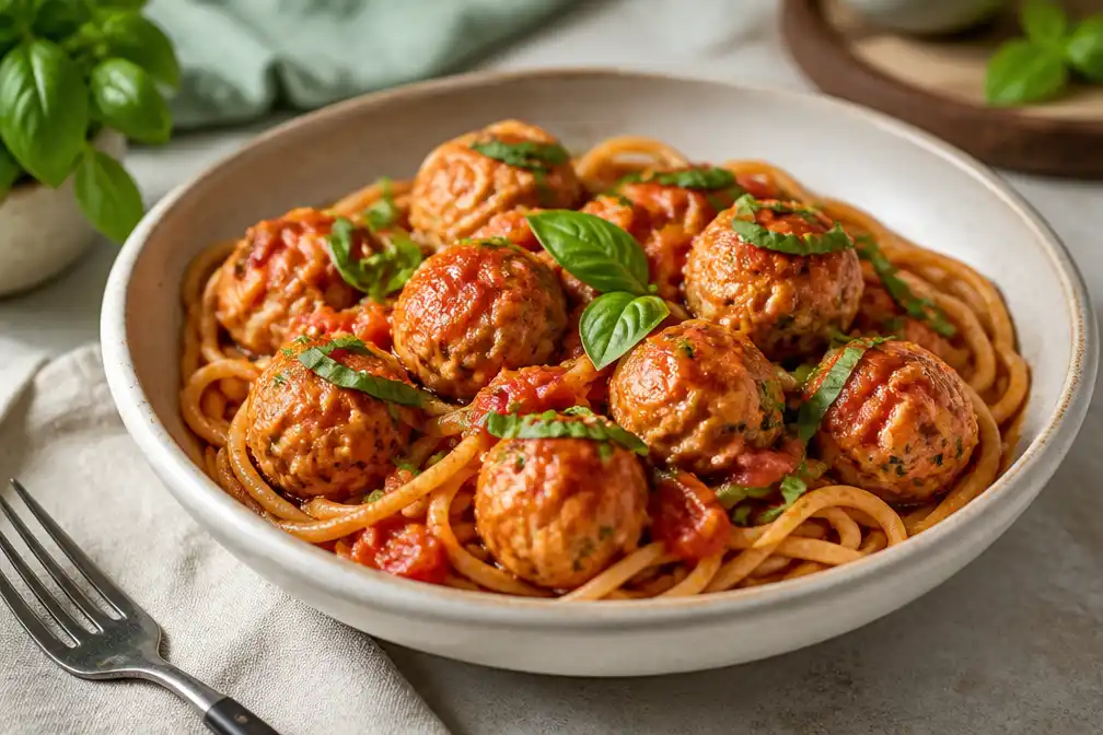 Spaghetti met kipgehaktballetjes in tomatensaus in 25 minuten klaar