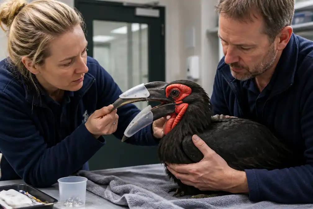 Zuidelijke hoornraaf in Artis krijgt twee 3D-geprinte snavelprotheses