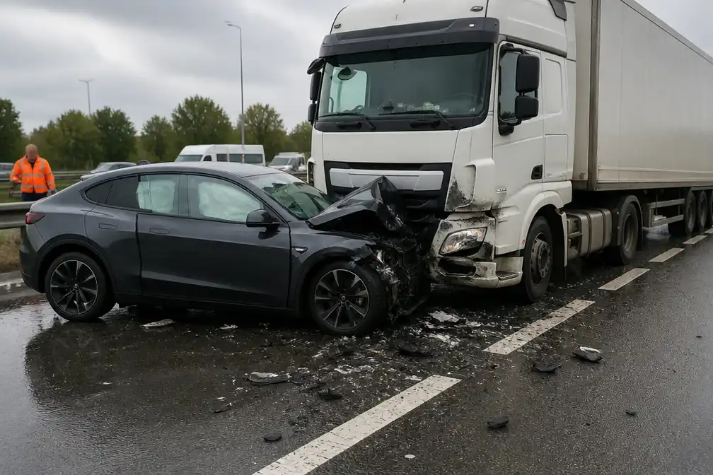 Elektrische wagen 'slaat op hol' en botst met vrachtwagen op E40 in Veurne