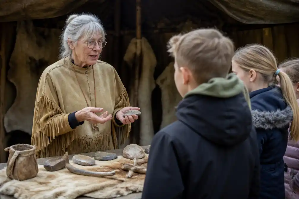 Vrijwilliger Aaike Jordans (75) leert kinderen in Borger dat neanderthalers mensen waren zoals wij