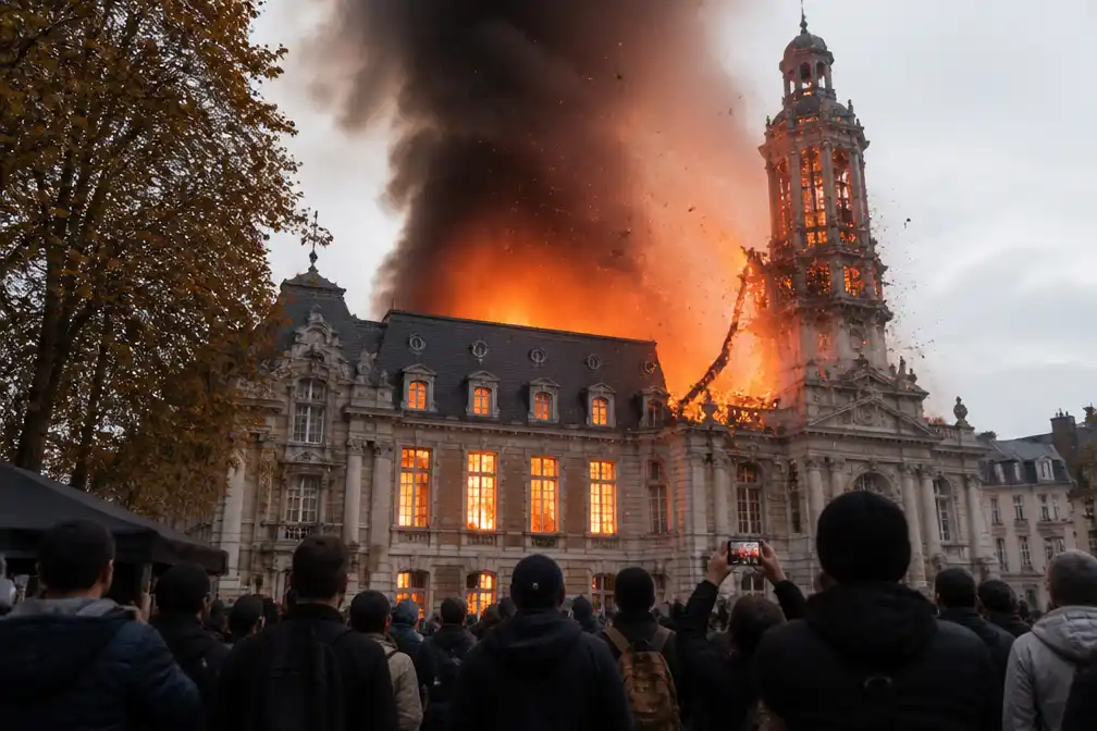 Relschoppers steken stadhuis Limoges in brand, belforttoren stort in
