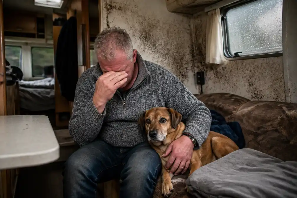 Leo Weijteman (60) woont na brandstichting door zijn vrouw in een beschimmelde caravan in Den Ham