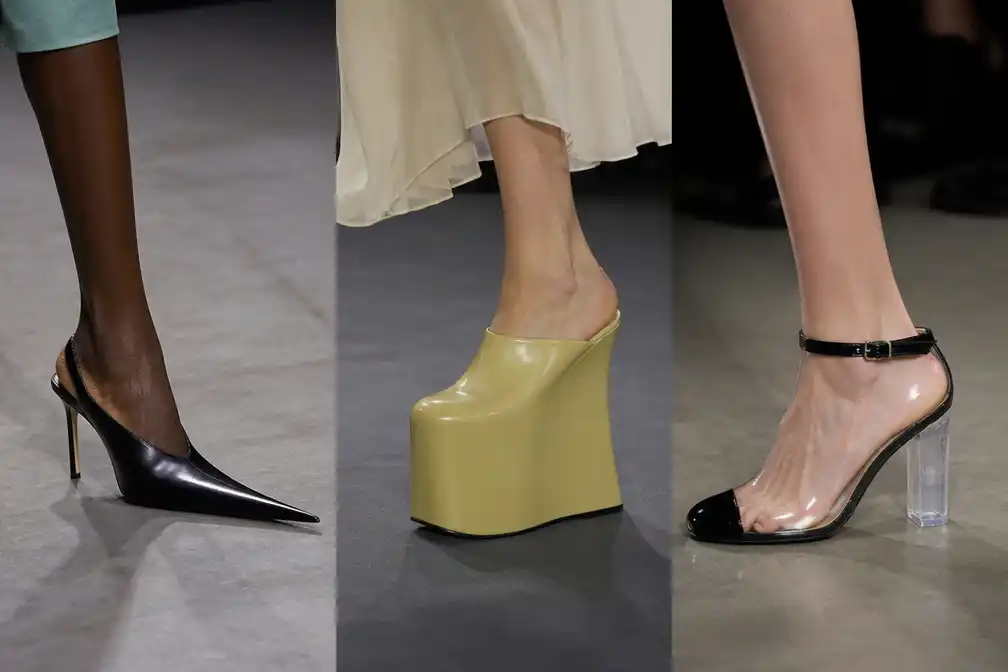Modehuizen overspoelen catwalk met puntneuzen, plateauzolen en doorzichtige schoenen