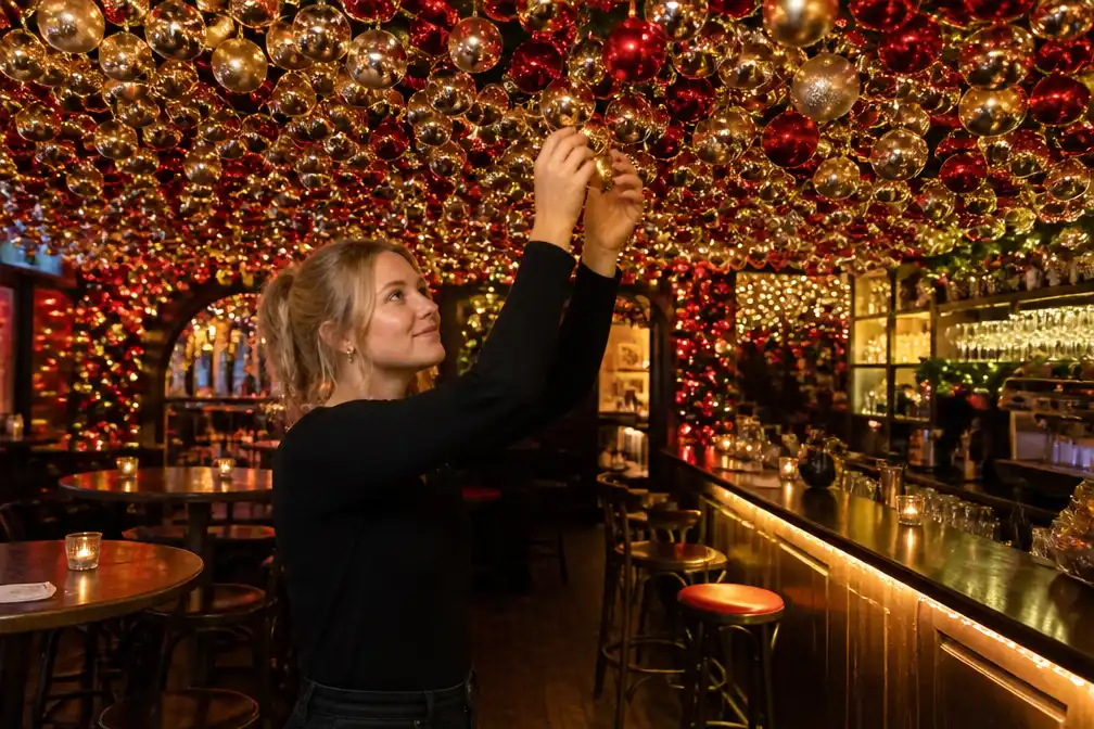 Café van Roos (25) in Wageningen hangt vol met 30.000 kerstballen