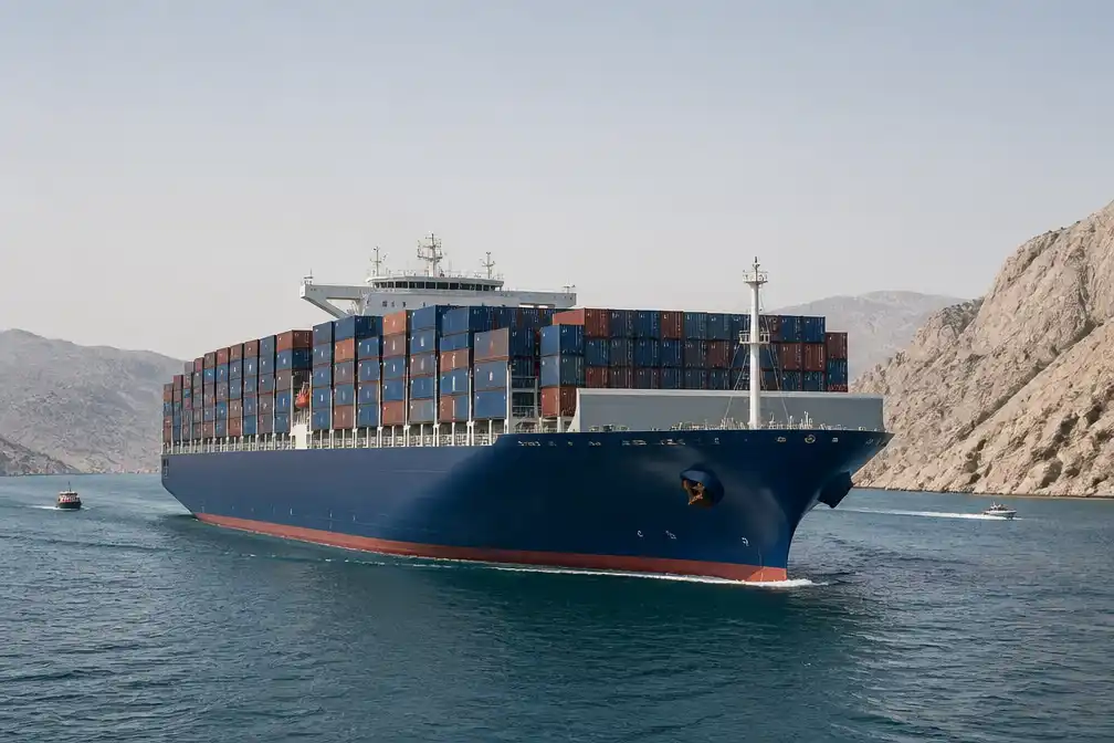Reusachtig containerschip Galapagos van CMA CGM vaart door Straat van Hormuz