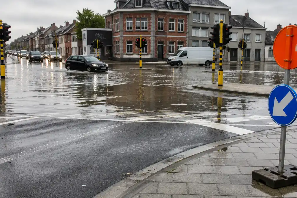 Waterlek zet kruispunt in Melle onder water, hersteldatum door Farys onduidelijk