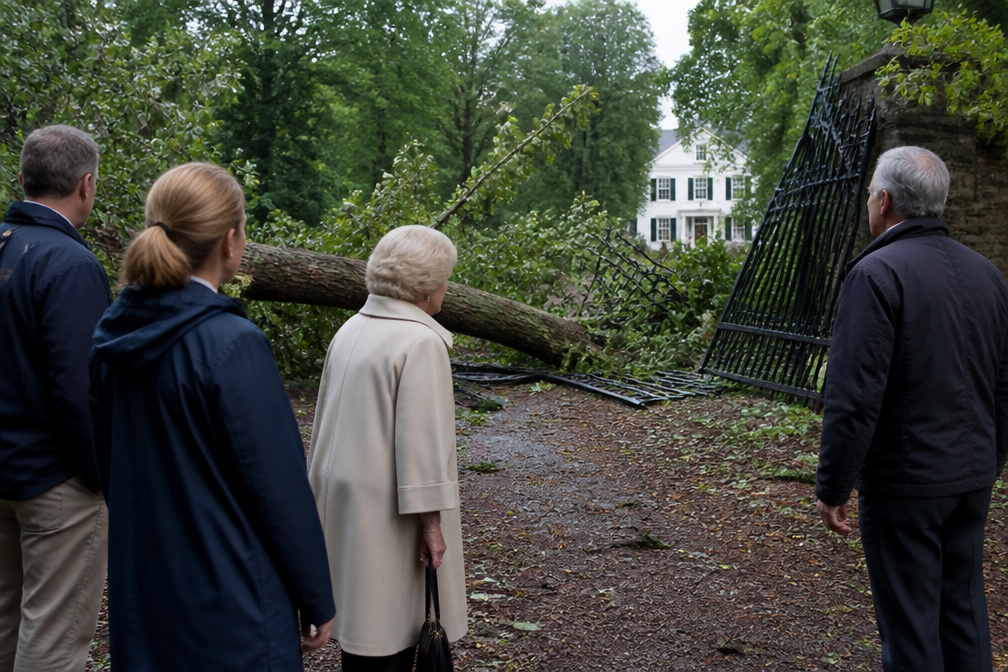 Prinses Beatrix (88) inspecteert stormschade bij kasteel Drakensteyn na onweer