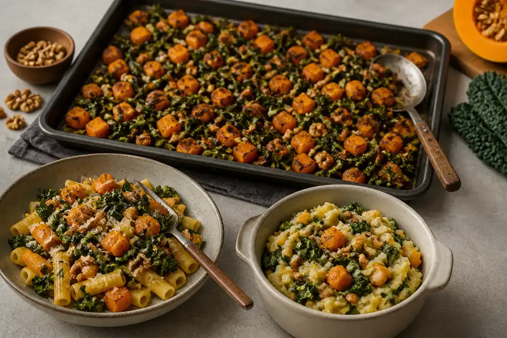 Geroosterde pompoen met boerenkool en walnoten: één traybake, twee maaltijden
