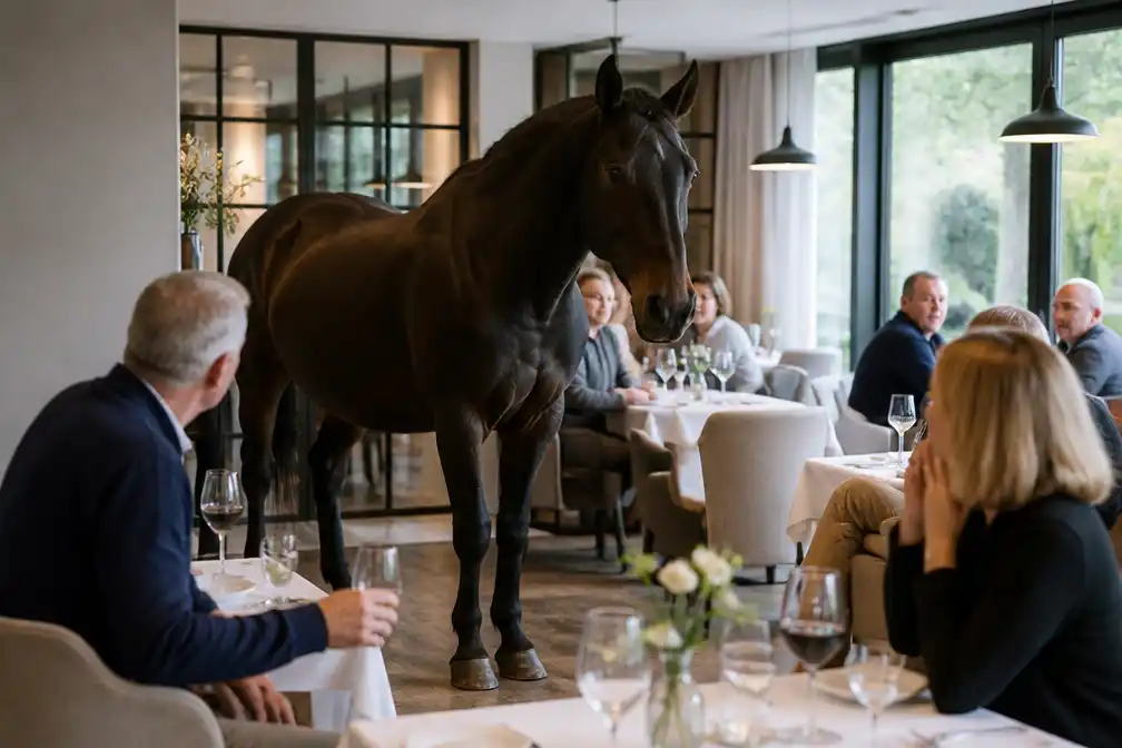 Ontsnapt paard van Zangersheide stapt binnen in restaurant Le Ciel in Lanaken