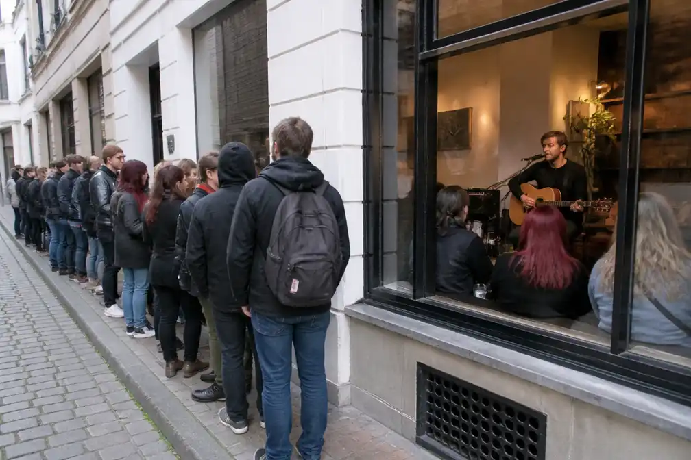 Editors speelt intieme showcase in piepklein Gents café, fans wachten uren vooraf