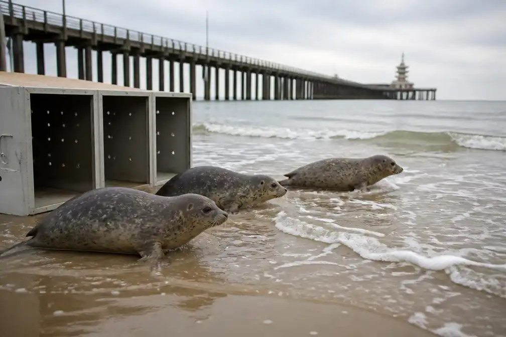 Drie herstelde zeehonden vrijgelaten aan de pier van Blankenberge