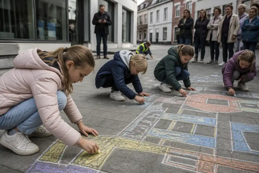 Kinderen tekenen verborgen geschiedenis van Deinze met stoepkrijt op straat
