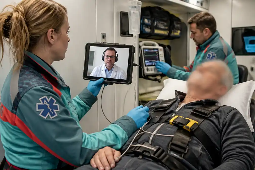 Neuroloog kijkt via videoverbinding mee met ambulance bij vermoede beroerte