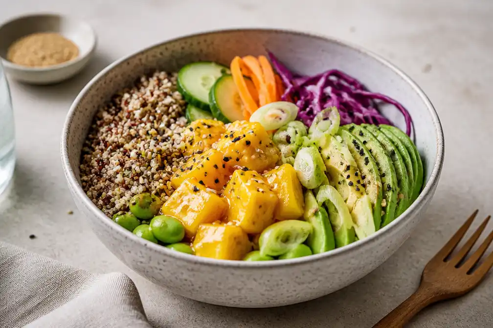 Recept voor vegetarische pokébowl met gemarineerde mango en quinoa op 19 juli gepubliceerd